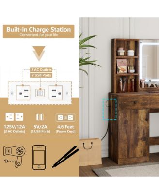 Brown Vanity Desk with LED Lighted Mirror & Power Outlet, Makeup Vanity with Drawers & Cabinet & Chair