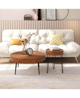 Farmhouse Round CoffeeTable Set of 2 End Table Natural Finish for Living Room