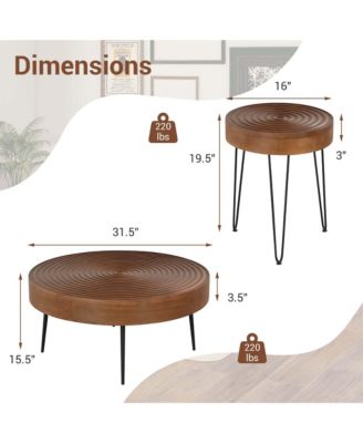 Farmhouse Round CoffeeTable Set of 2 End Table Natural Finish for Living Room