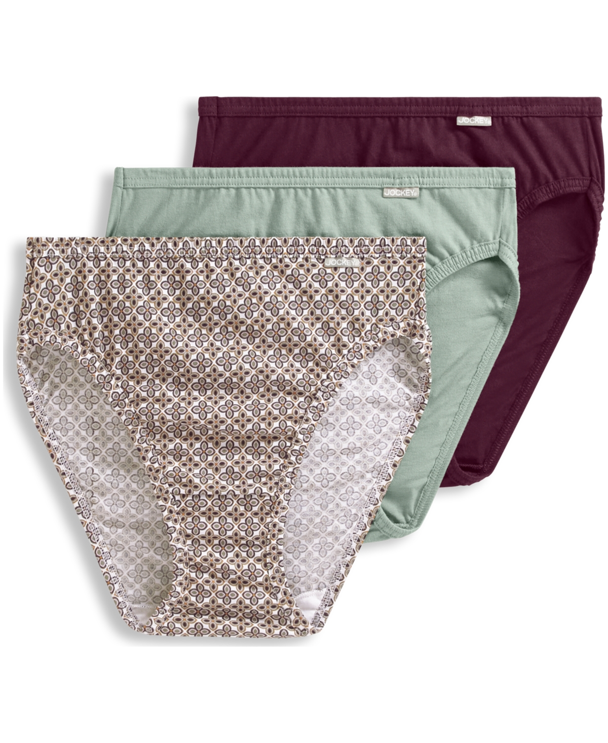 Jockey Elance French Cut 3 Pack Underwear 1485 1487, Extended Sizes In Gallant Geo,deep Sangria,dried Sage