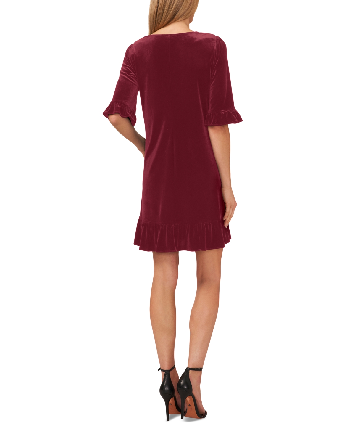 Shop Cece Women's Velvet 3/4-sleeve Ruffle Trim Shift Dress In Majestic Wine