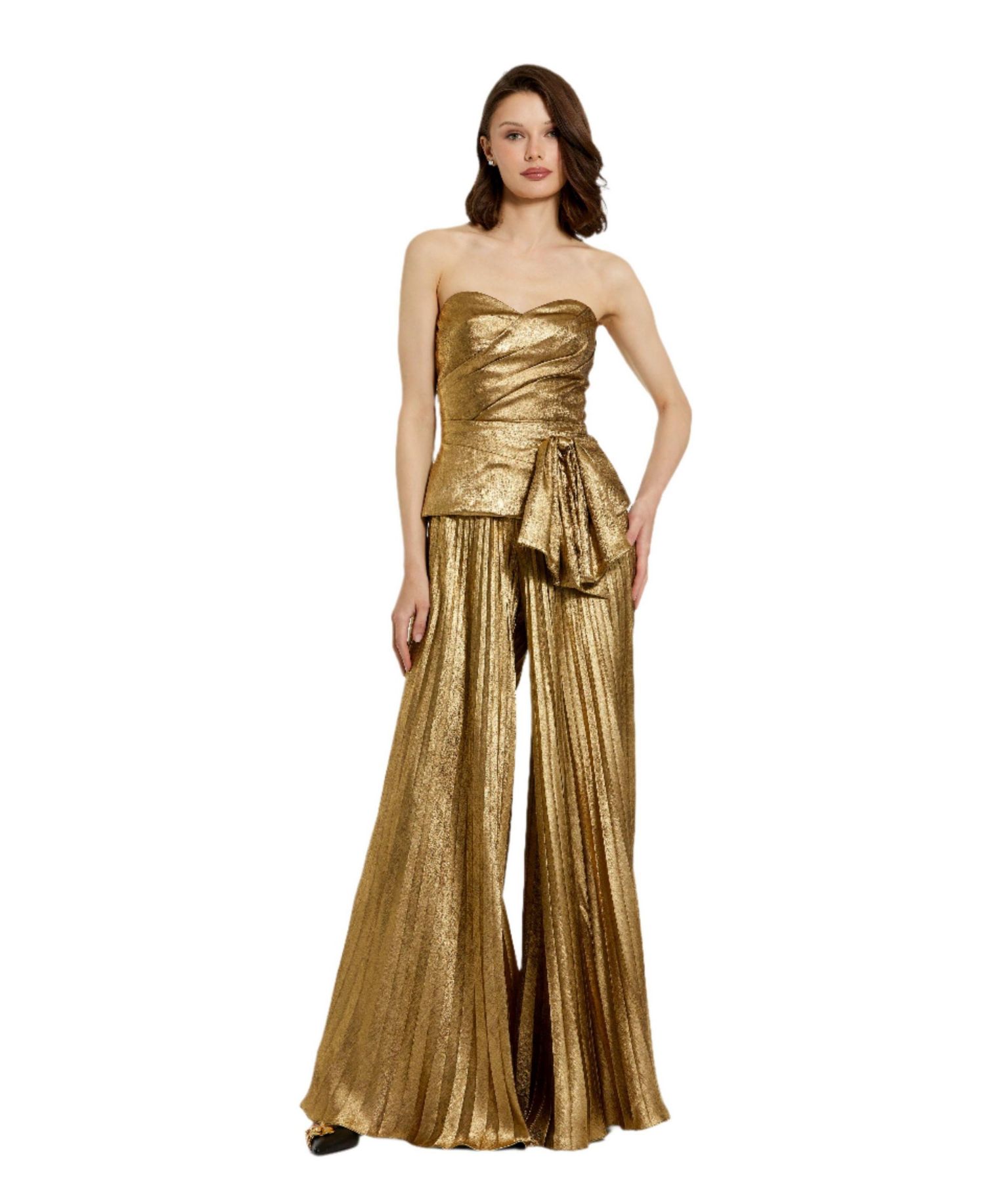 Women's Metallic Lame Strapless Wrap Top With Bow Detail
