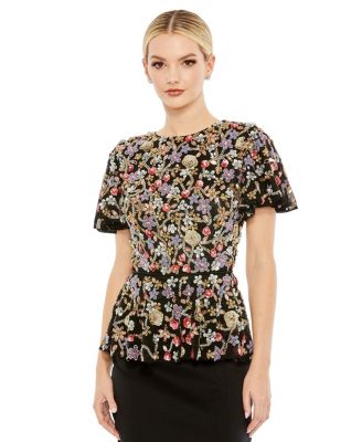 Mac Duggal Women s Floral Embellished Butterfly Sleeve Peplum Top Black Multi