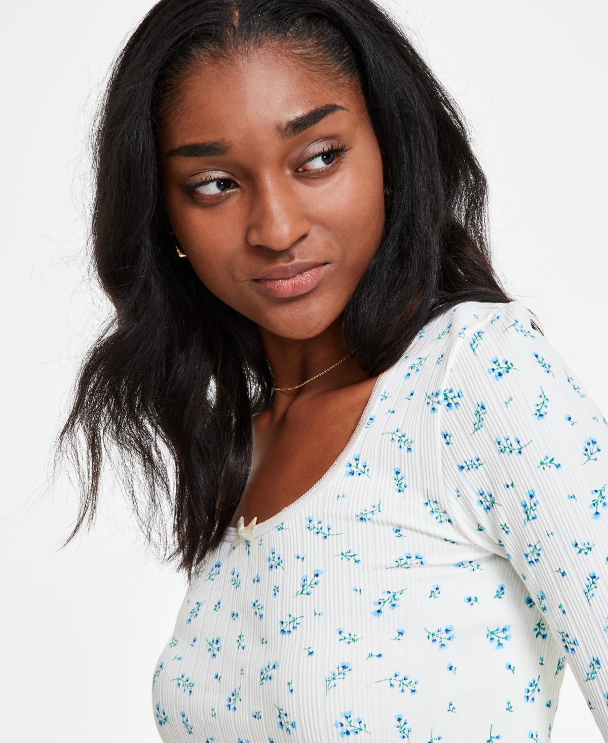Shop Planet Heart Juniors' Ditsy Seamless Long Sleeve In Blue Ditsy
