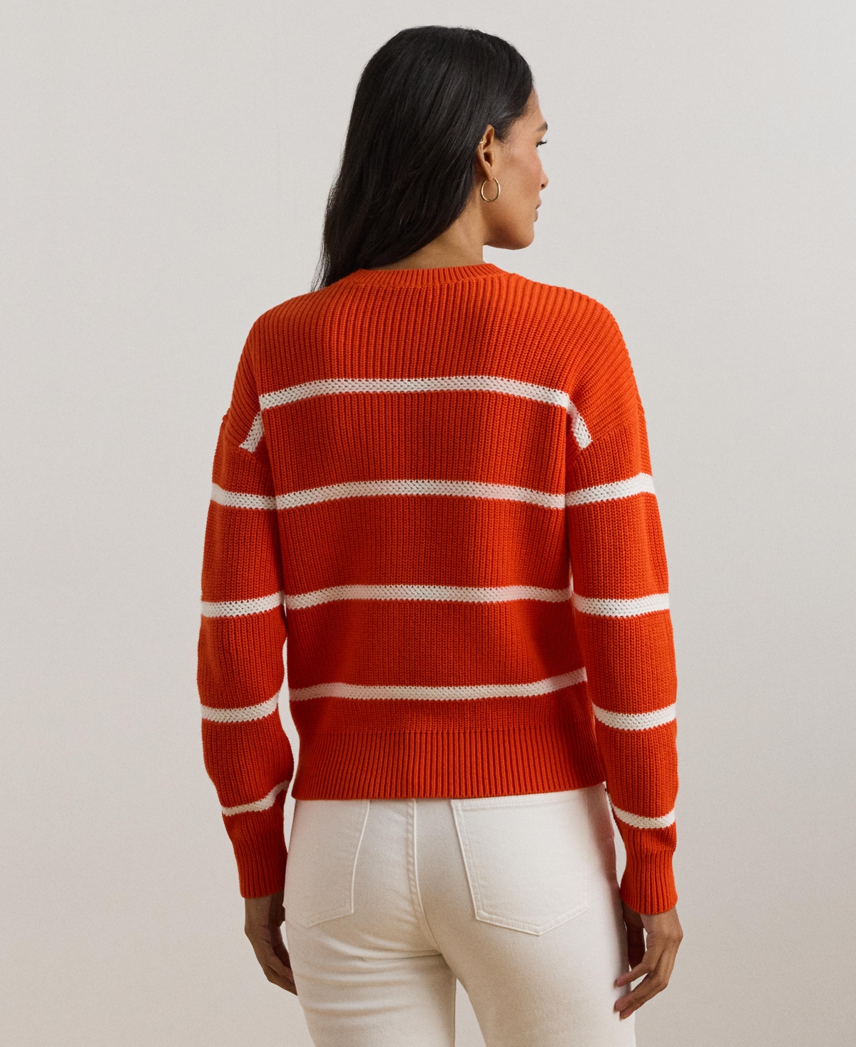 Lauren Ralph Lauren Women's Striped Rib-Knit Cotton Crewneck Sweater -White