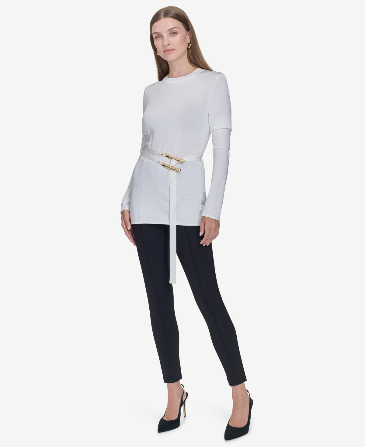Halston Women's Belted Long-Sleeve Crewneck Top