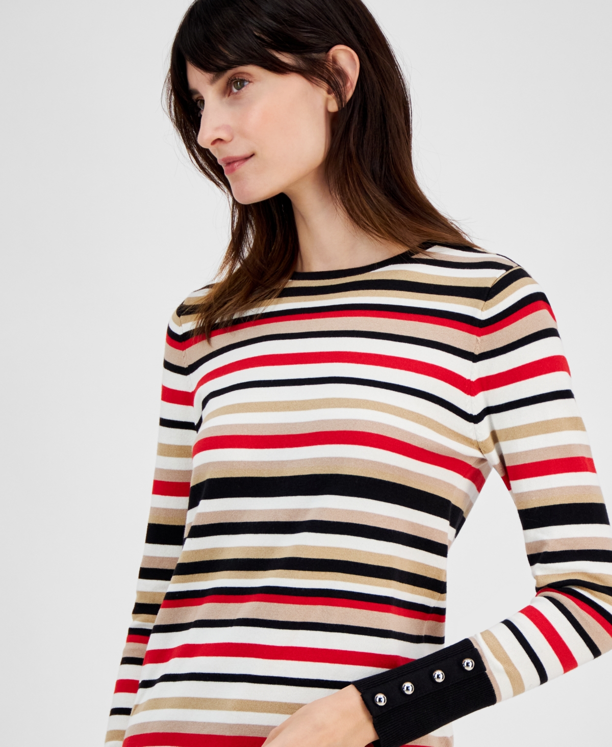 Anne Klein Stripe Button Cuff Sweater In Coffee Cream Multi