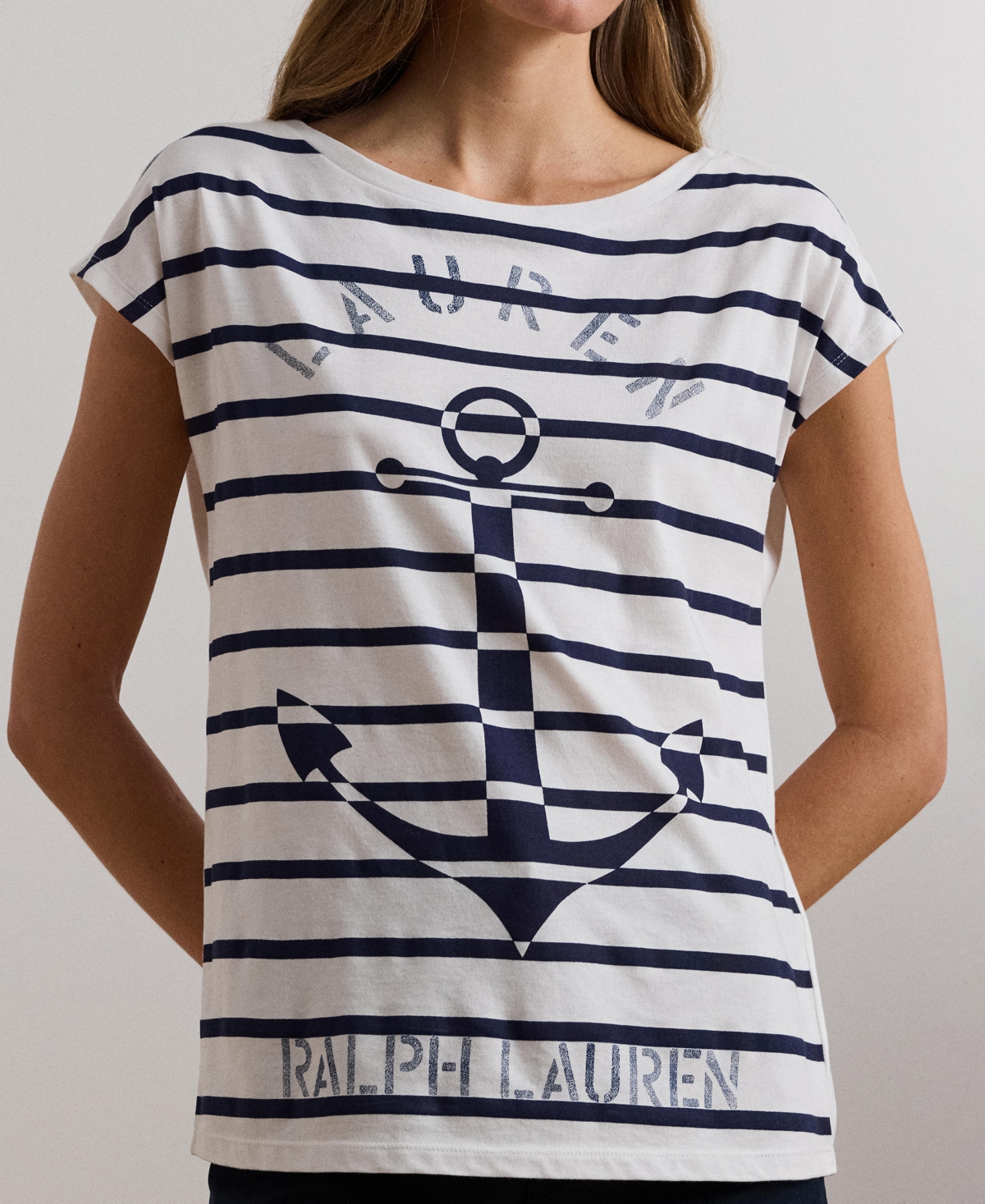 Lauren Ralph Lauren Women's Striped Anchor-Graphic Jersey Tee -Refined Navy