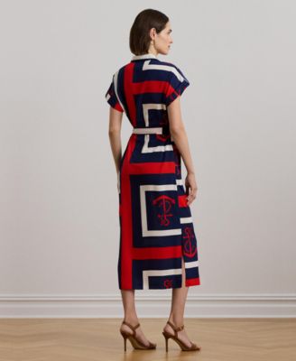 Lauren Ralph Lauren ★【Aライン ドレス】Crepe Striped Lauren Ralph Lauren Women's Navy White Striped Tie-Front
