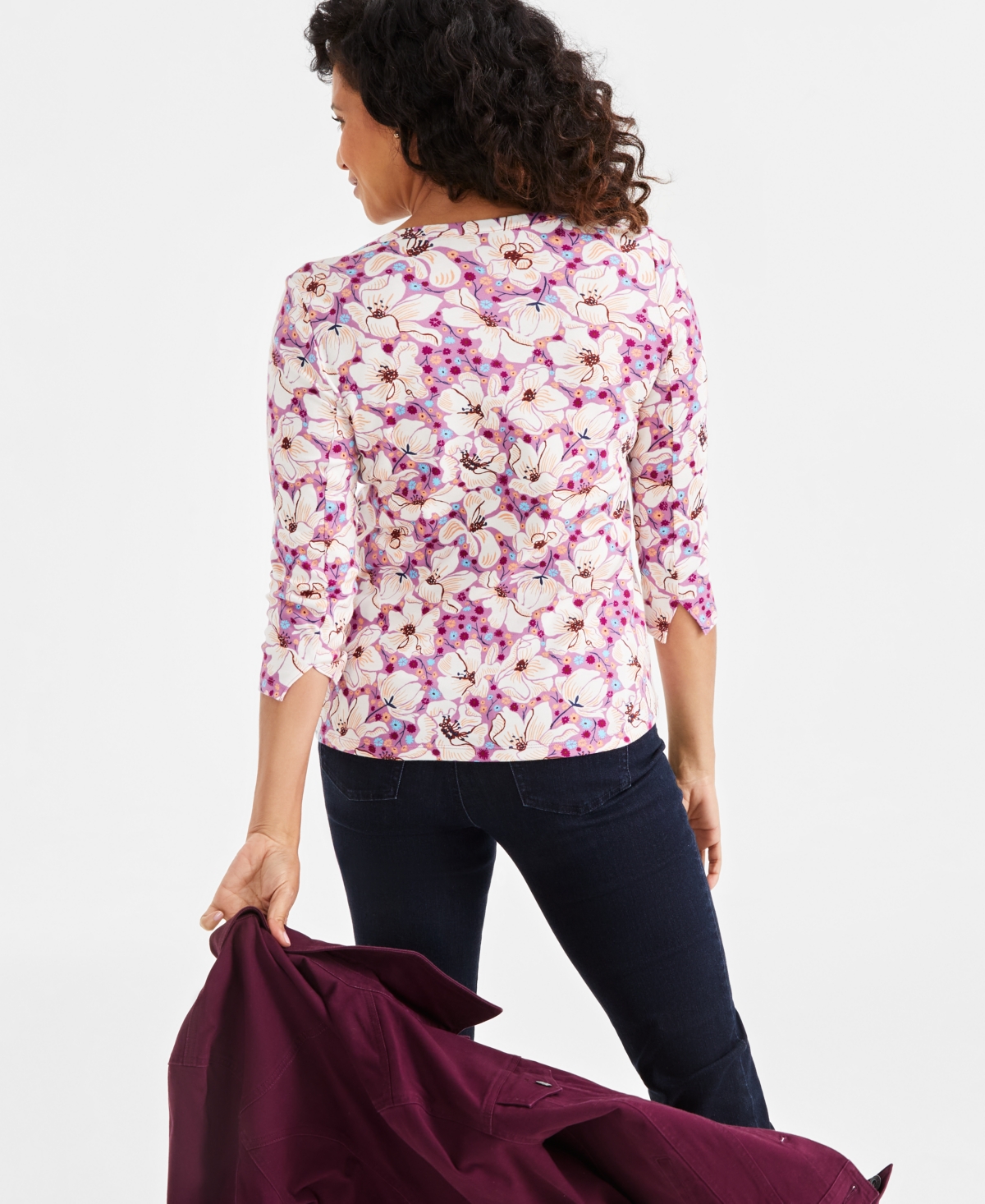 Style & Co Petite Blooming Floral Cotton 3/4-Sleeve Top, Exclusively at Macy's