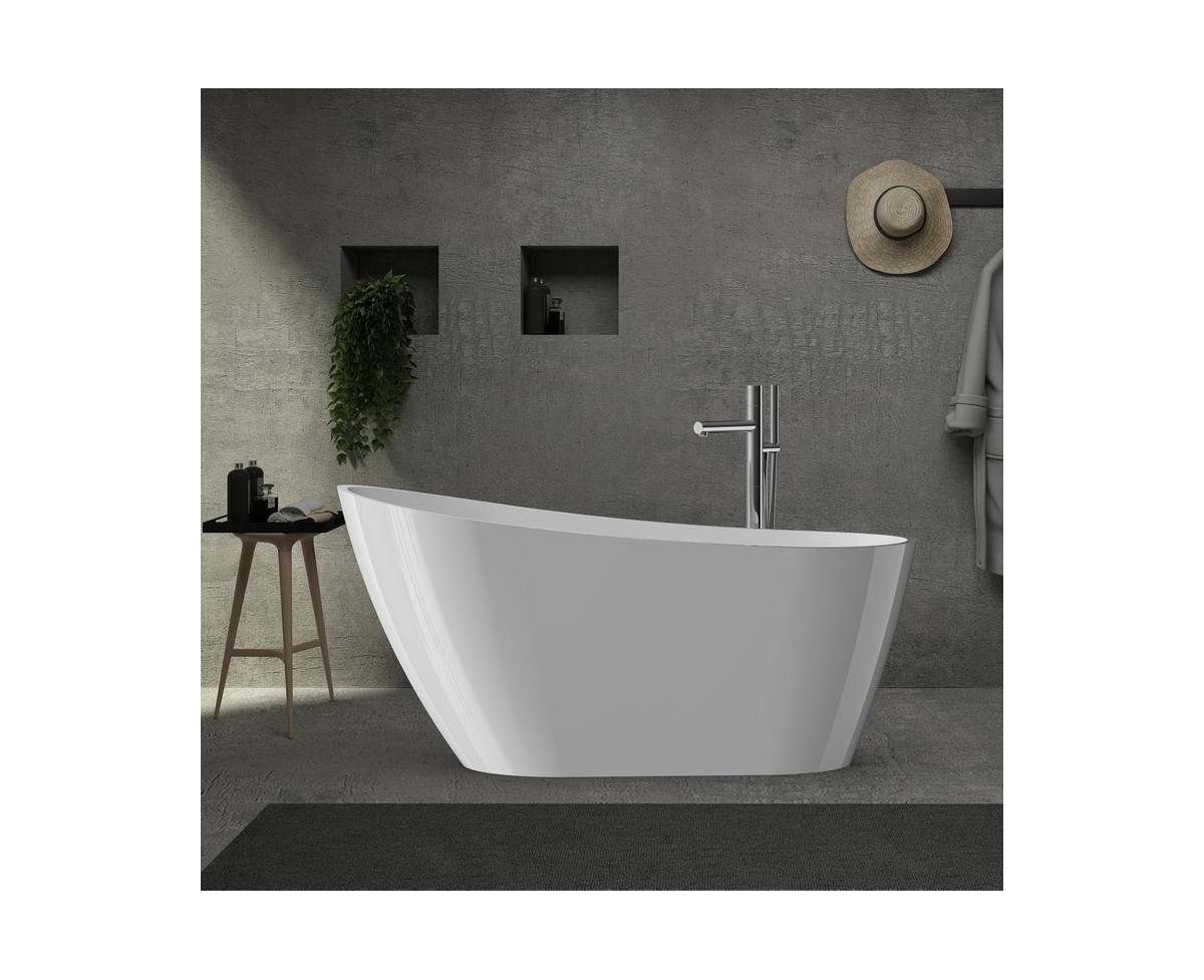 59" Freestanding Bathtub, White Acrylic Streamline Stand Alone Soaking Bath Tubs for Adult with Overflow and Drain in Chrome, Perfect for Your