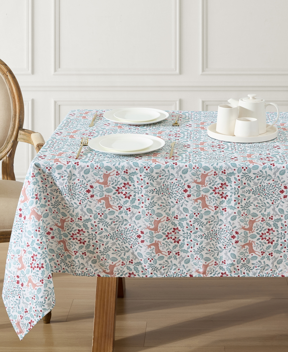 Laura Ashley Easy Care Holiday Tablecloth, 60" X 84" In Reindeer Prance