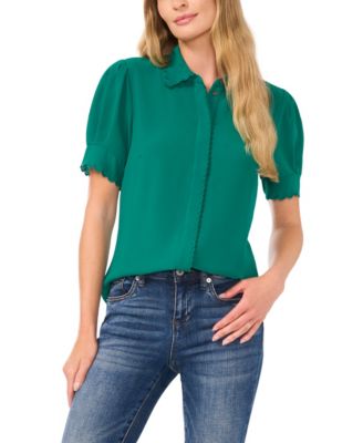 CeCe - Women's Scalloped Puff-Sleeve Button-Front Blouse