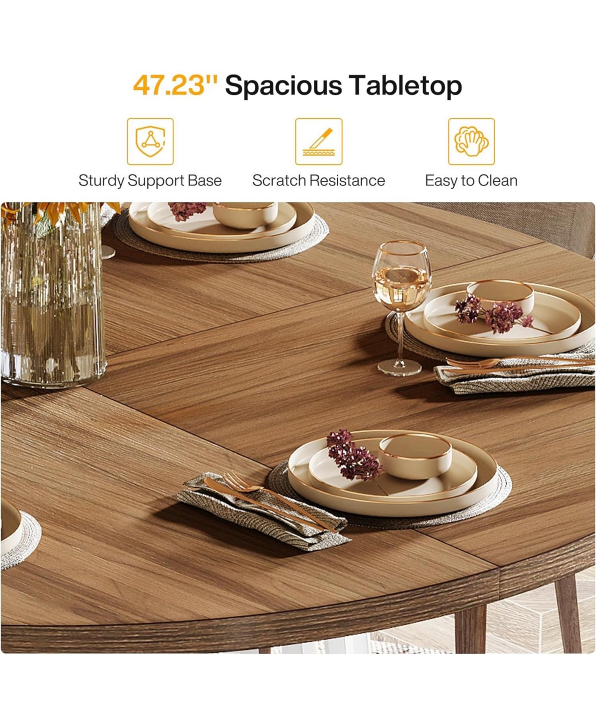 Tribesigns Round Dining Table for 4-6 People, Farmhouse Dinning Room Table Circle Kitchen Table with White Metal Base, Industrial Dinner Table for
