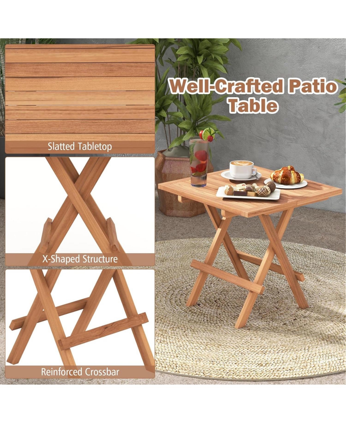 Sugift Square Patio Folding Table Teak Wood with Slatted Tabletop Portable for Picnic