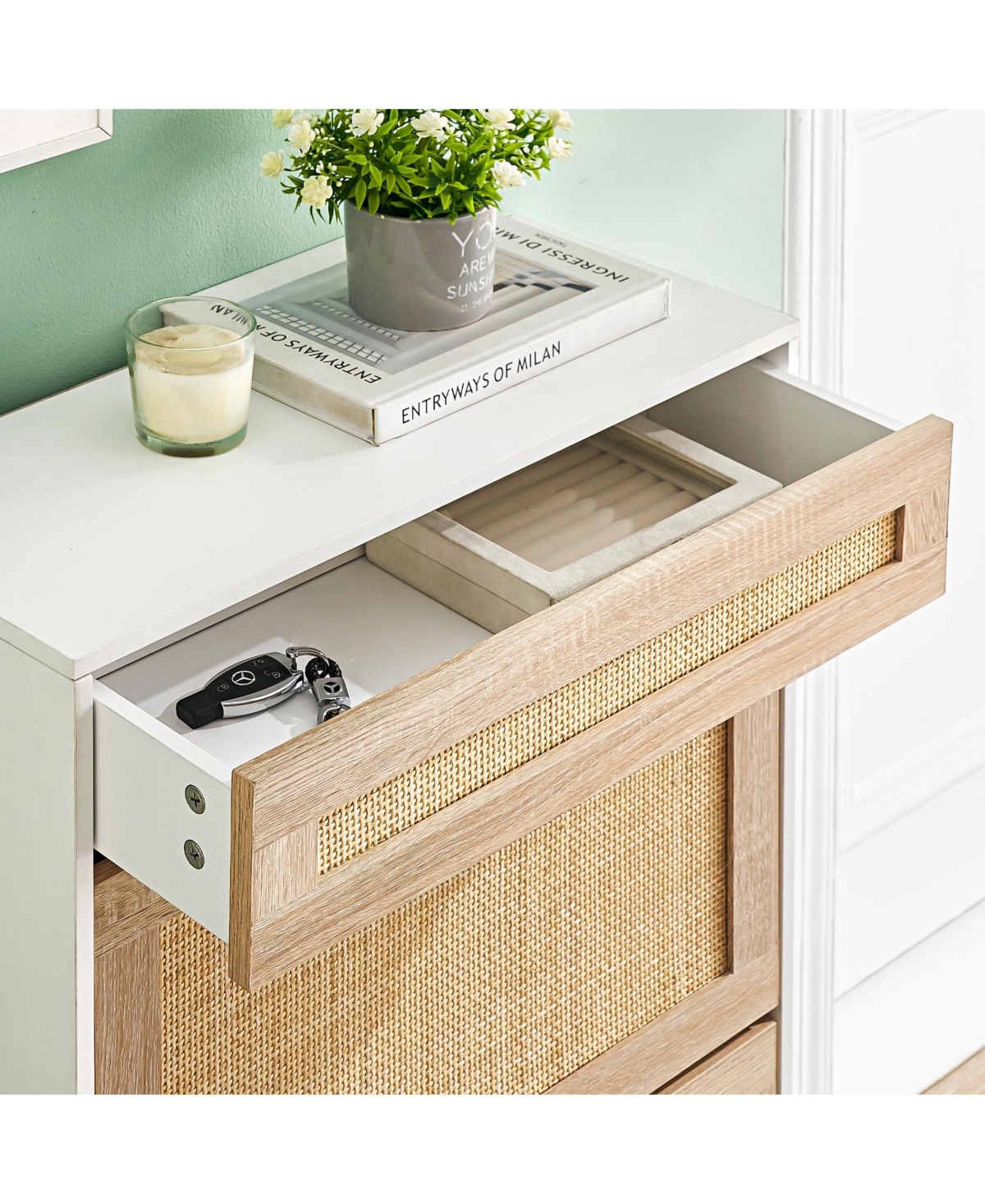 gaomon Natural Rattan 2 Flip Door with 1 Drawer Shoe Cabinet Organizer Freestanding, Modern Shoe Rack Storage Organizer with 3-Tier Adjustable Shelves