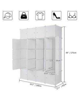 20-Cube Stackable Plastic Organizer Shelves, Multifunctional Modular Closet Cabinet with Hanging Rod in White