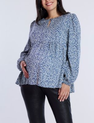 Women's Motherhood Long Sleeve Empire Waist Keyhole Woven Blouse