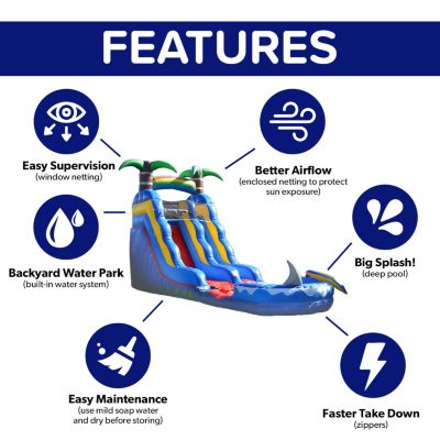 HeroKiddo 15  Ocean Shark Commercial Grade Water Slide with Splash Pool for Kids and Adults (with Blower), Wet Dry Combo, Big Inflatable, Outdoor Indoor, Birthday Party Rental