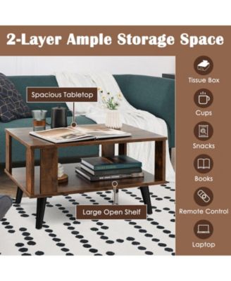 Compact Retro Mid-Century Coffee Table with Storage Open Shelf