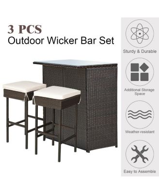 3-piece Rattan Wicker Bar Table Stools Dining Set Cushioned Chairs