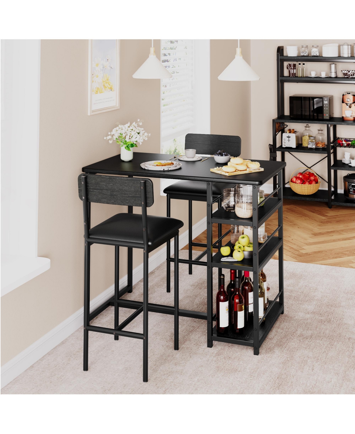 gaomon Dining Table Set for 2, Bar Table and Chairs for 2, Kitchen Table Set with 2 Upholstered Chairs,3 Large Storage Shelves- Black