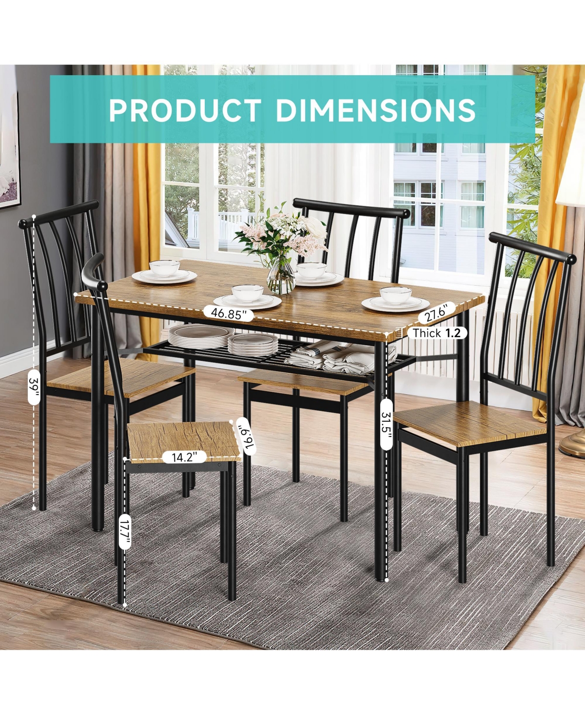 gaomon Dining Table Set for 4, Kitchen Table and Chairs with Wine Rack, 5 Piece Square Dining Room Table Set- Brown