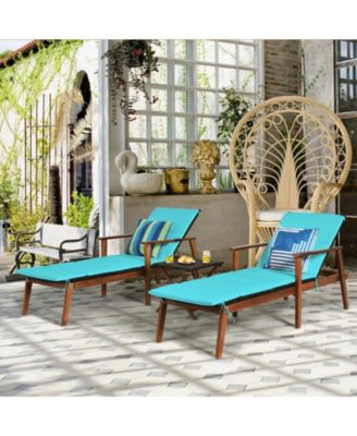 3 Pieces Portable Patio Cushioned Rattan Lounge Chair Set with Folding Table