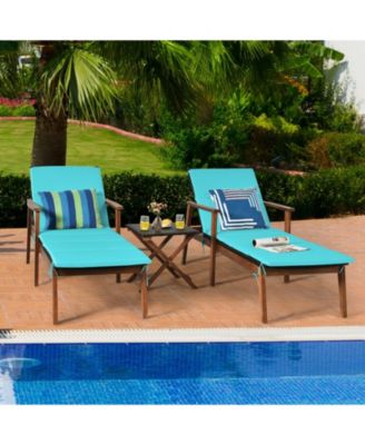 3 Pieces Portable Patio Cushioned Rattan Lounge Chair Set with Folding Table