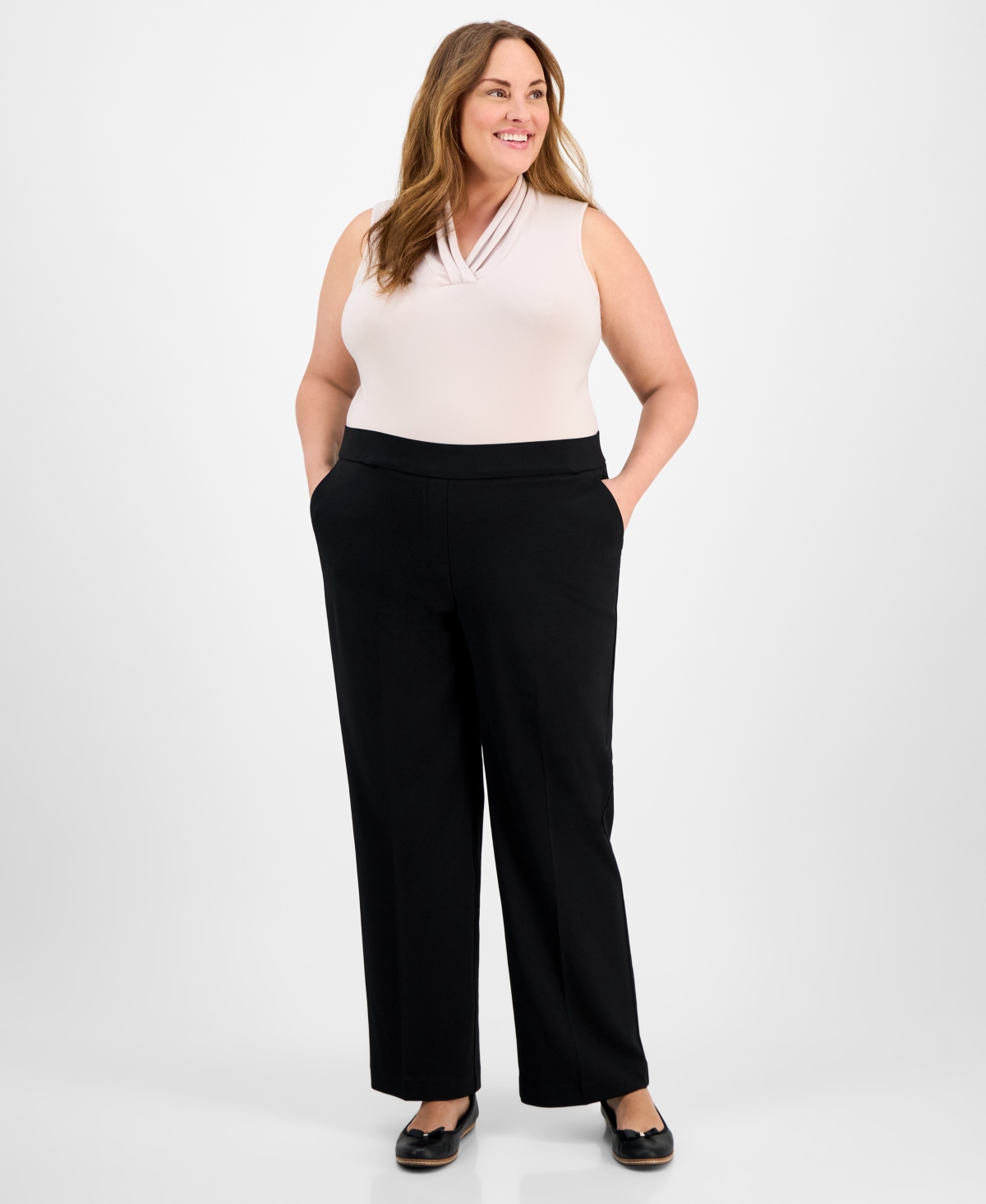 Ak Anne Klein Petite Solid Wide-leg Pull-on Knit Pants In Anne Black