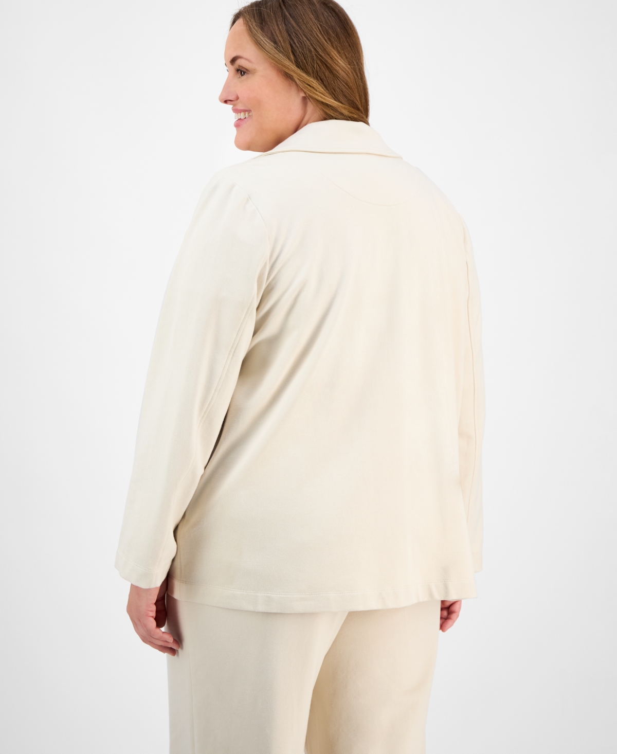 Anne Klein Plus Size Sequined Mesh Trim Short Sleeve Top Cropped Mid Rise Wide Leg Pants French Terry Faux Doub In Soft Latte