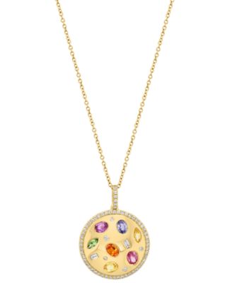 EFFY&reg; Multi-Gemstone (1-1/6 ct. t.w.) & Diamond (1/3 ct. t.w.) Disc Pendant Necklace in 14k Gold, 18" + 1" extender