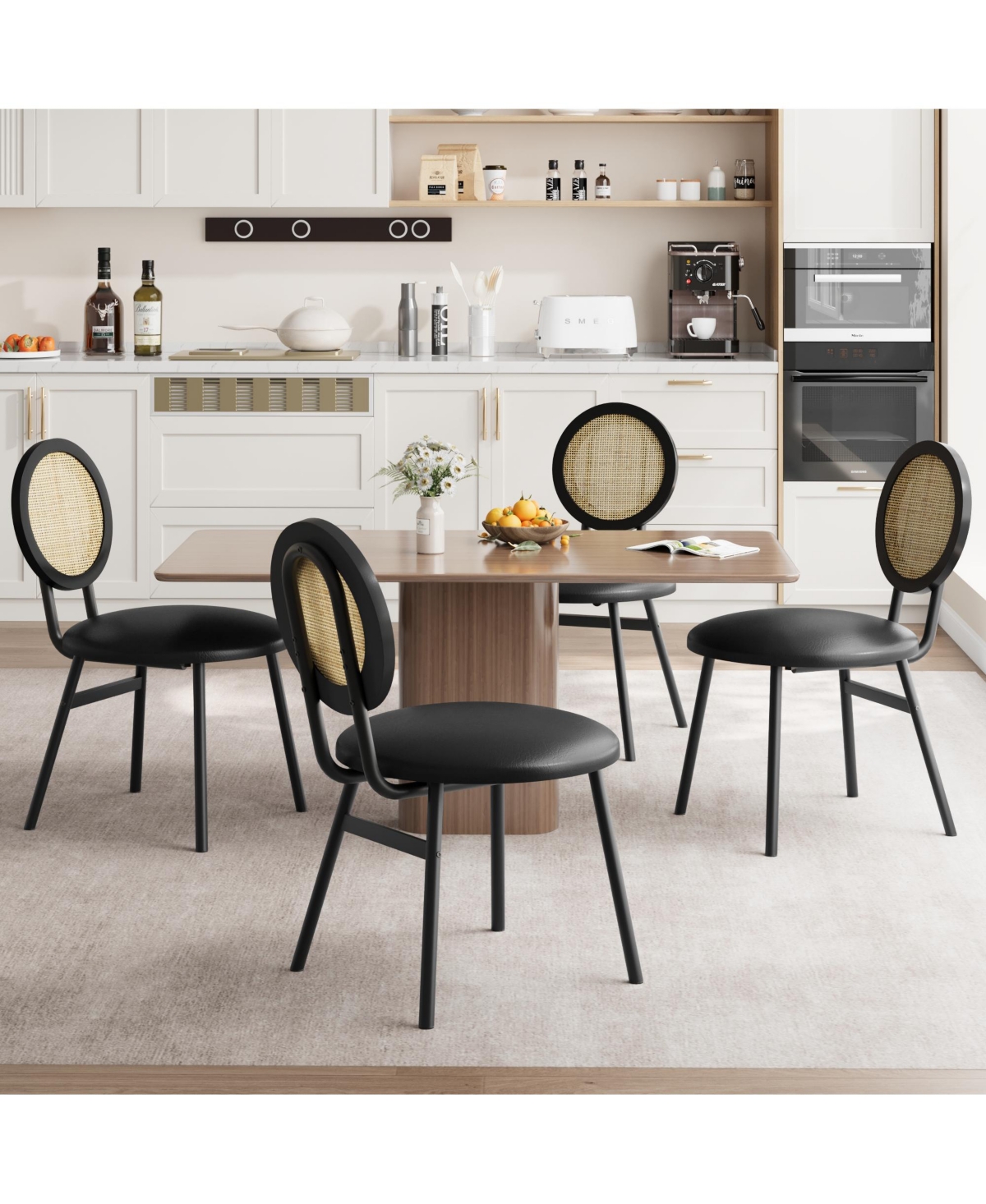 Gaomon Dining Chairs Set of 4, Rattan Kitchen Chairs with Thicken Upholstered, Modern Dining Room Chairs Set of 4,Black