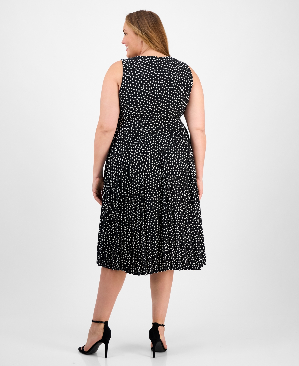 Anne Klein Plus Size Dot-print Pleated Midi Dress In Anne Black,white Dove