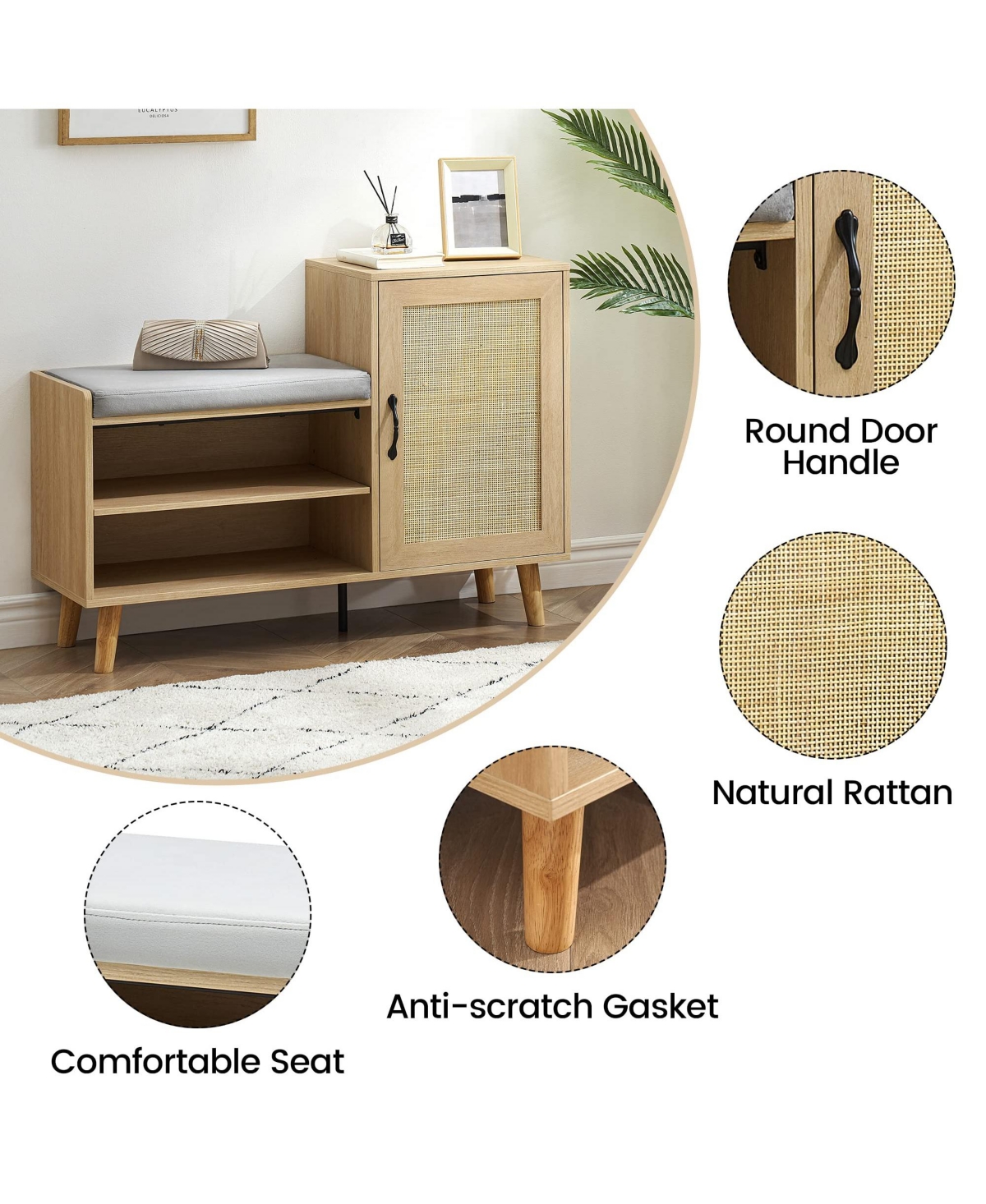 gaomon Natural Rattan Shoe Storage Bench with Upholstered,2-in-1 Shoe Cabinets with Adjustable Shelf