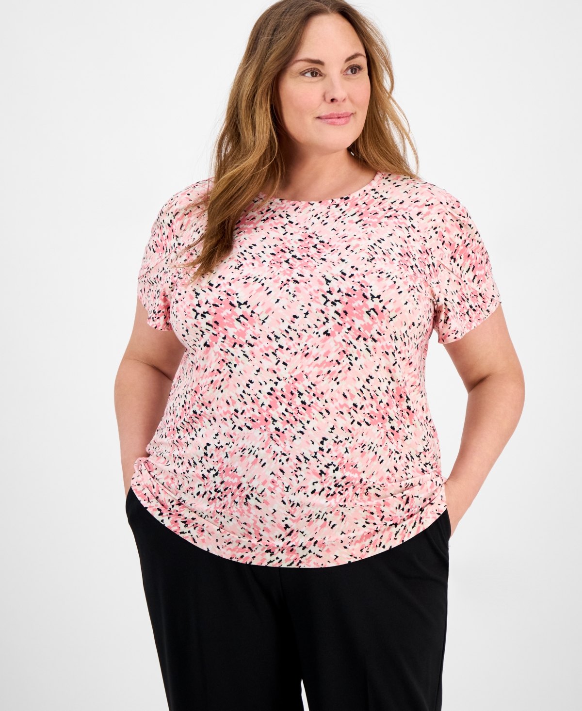 Ak Anne Klein Anne Klein Plus Size Printed Tulip-sleeve Top In Soft Aloe Mutli