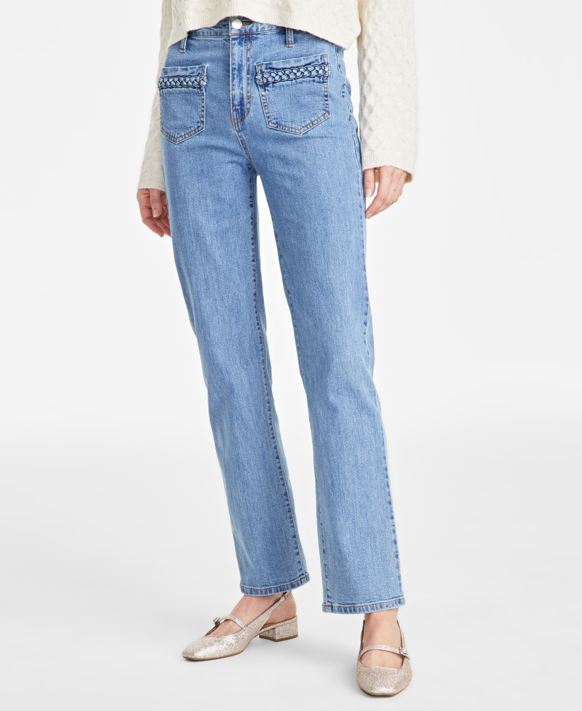 On 34th Women's High-Rise Braided Straight-Leg Jeans, Exclusively at Macy's