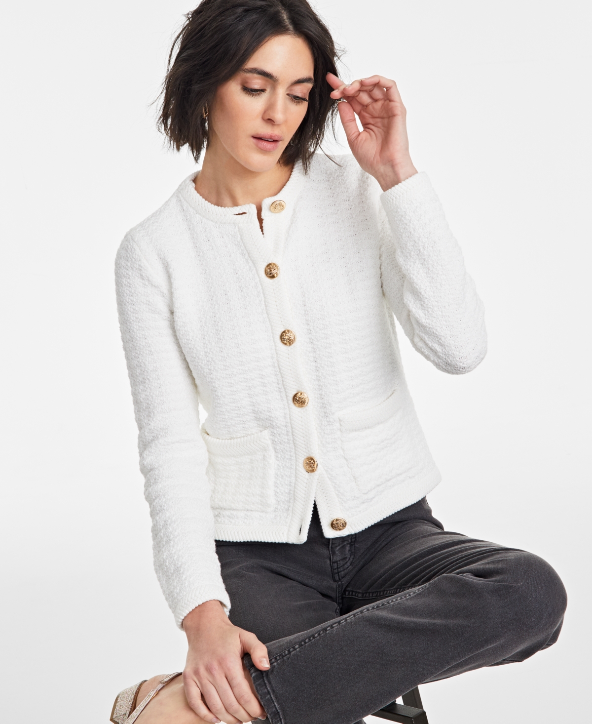 On 34th Women's Textured Relaxed-fit Cardigan, Exclusively At Macy's In Washed White