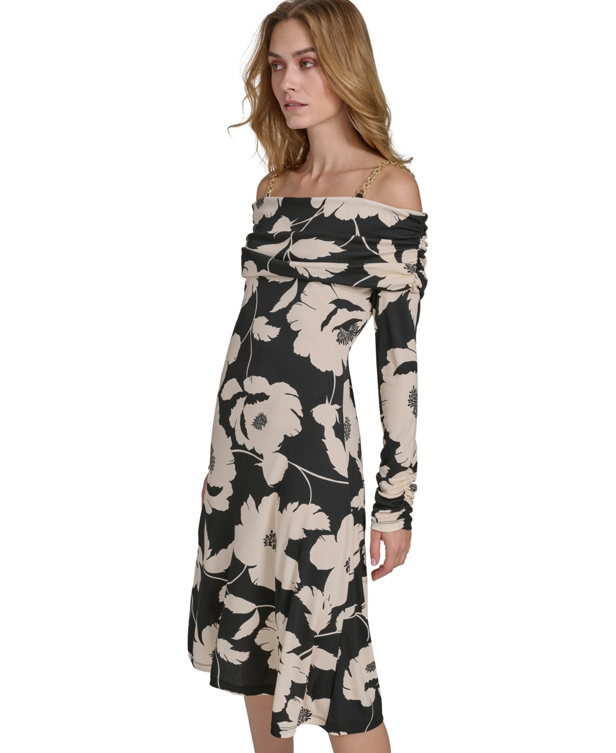 HALSTON WOMEN'S FLORAL OFF-THE-SHOULDER CHAIN-STRAP DRESS 