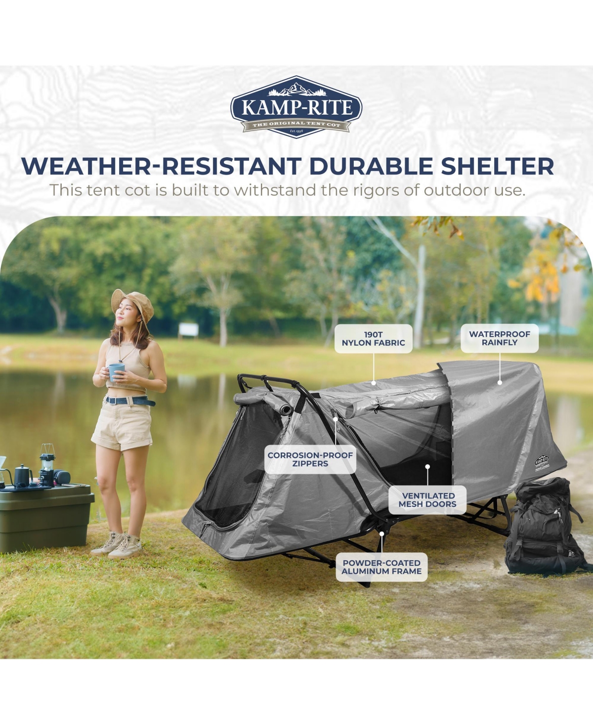 Kamp-Rite Original Quick Setup 1 Person Elevated Cot, Lounge Chair, & Tent,- Gray
