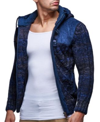 Men's Knit Zip-up Jacket With Geometric Patterns and Leather Accents