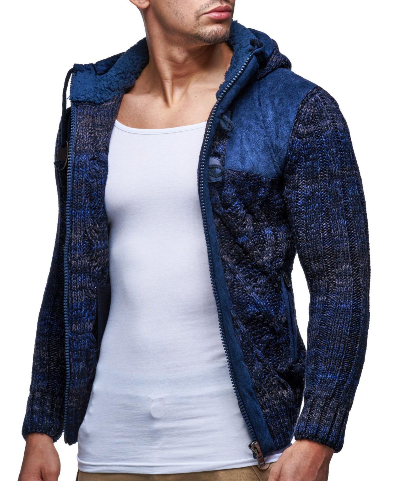 Men's Knit Zip-up Jacket With Geometric Patterns and Leather Accents