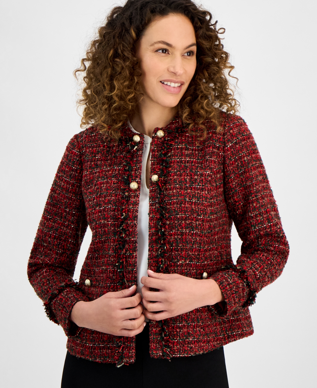 Anne Klein Petite Tweed Open-front Jacket In Titian Red
