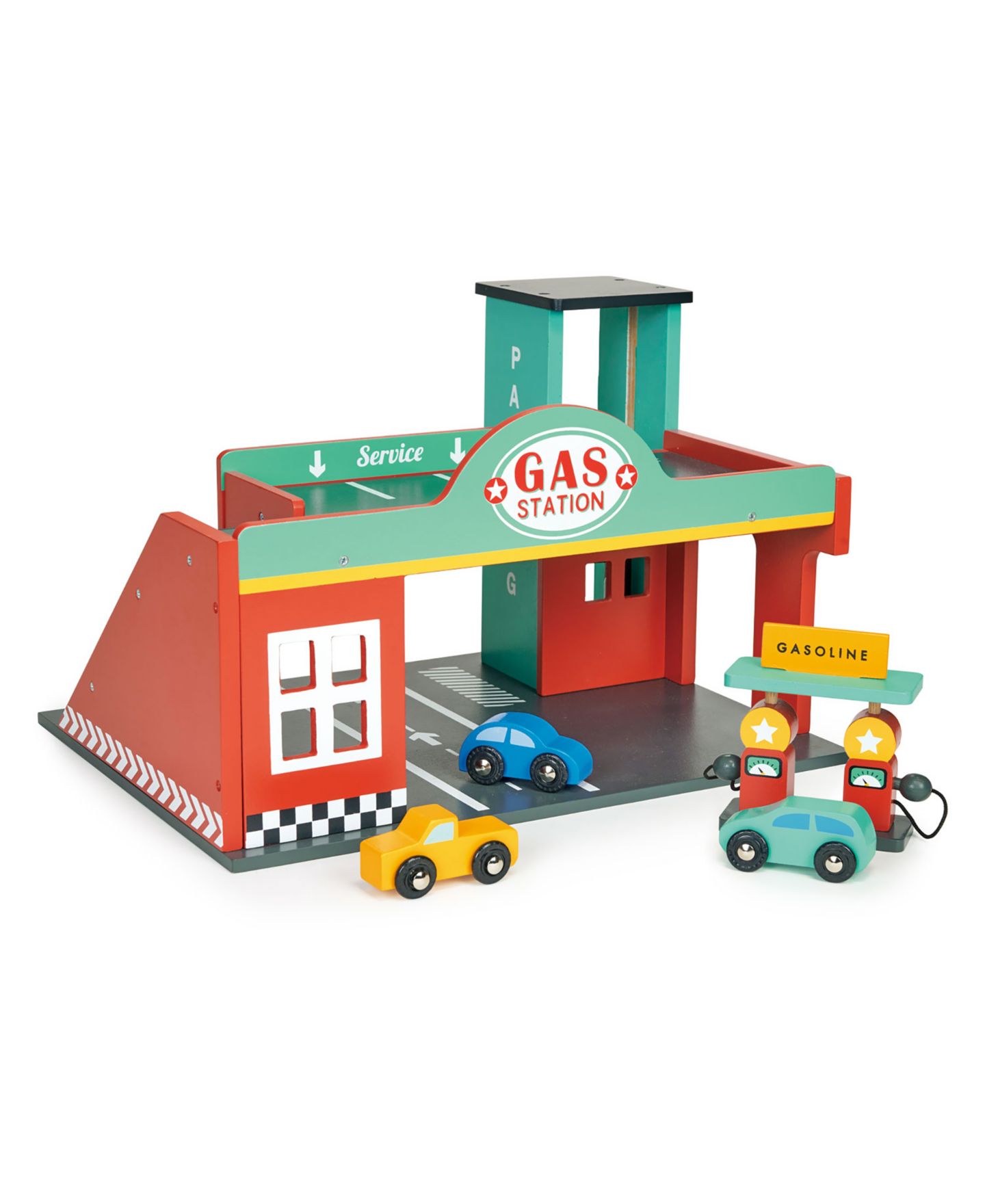 Детский игровой набор Mentari Toys Wooden Gas Station Playset with Car Lift, 7-Piece, Ages 3+ — фото 1
