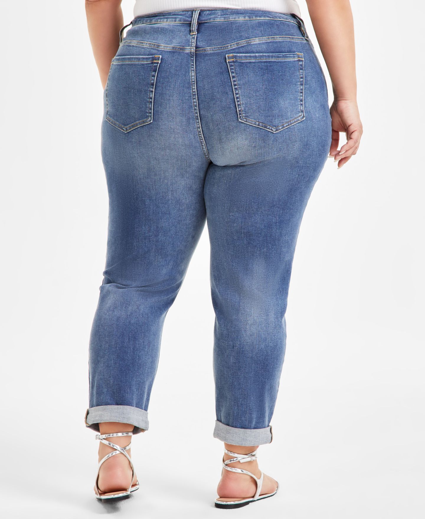 Женские джинсы I.N.C. International Concepts Plus Size Slim Tech Rolled-Cuff Boyfriend, цвет: Средний индиго — фото 3