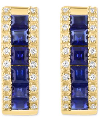 EFFY&reg; Blue Sapphire (1-5/8 ct. t.w.) & Diamond (1/6 ct. t.w.) Small Hoop Earrings in 14k Yellow Gold, 0.62" 