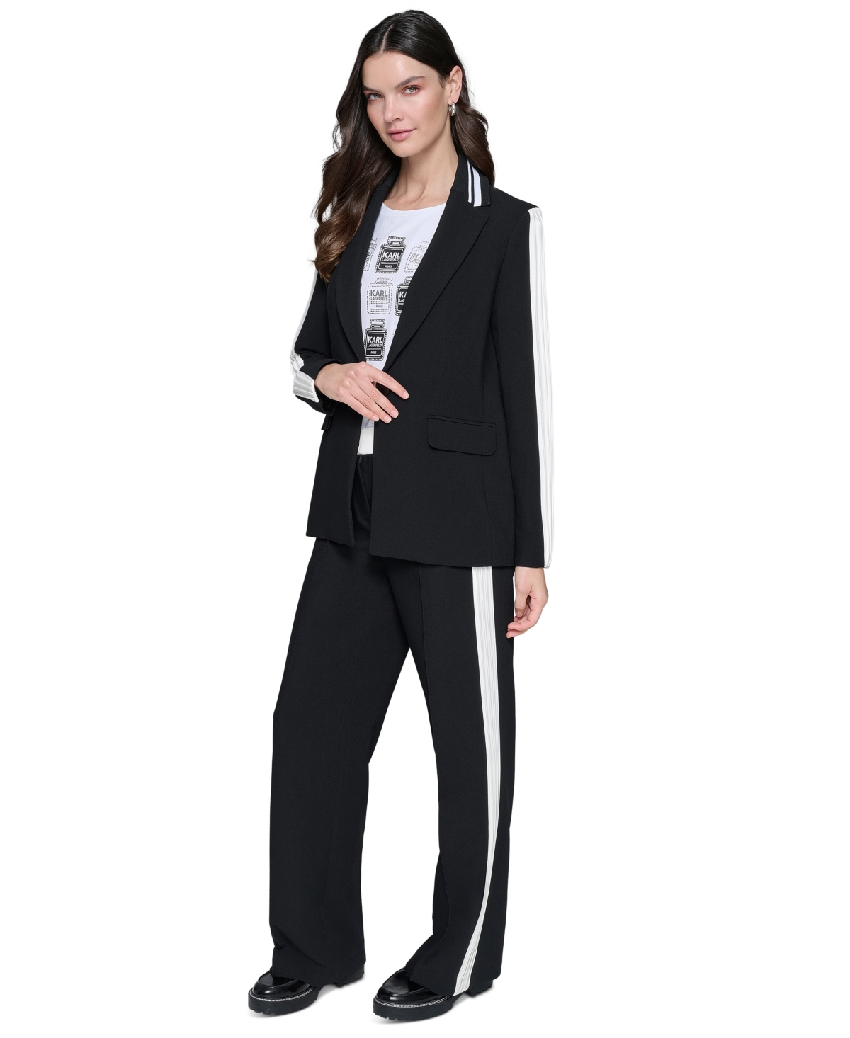 Karl Lagerfeld Paris Petite Striped Pleated-Sleeve Jacket