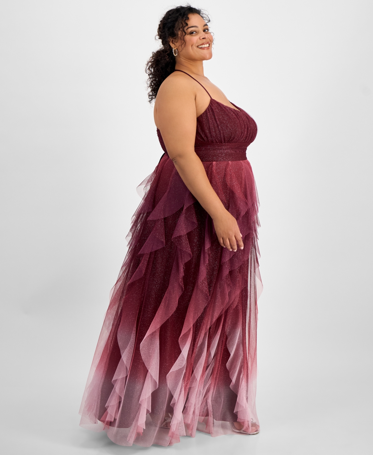 Pear Culture Trendy Plus Size Glitter Mesh Ball Gown In Burg,pink