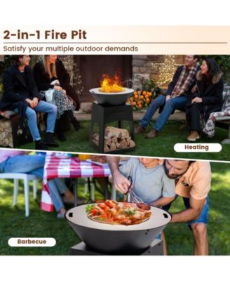 Patio Fire Pit with Firewood Log Rack with Grill and Ash Box
