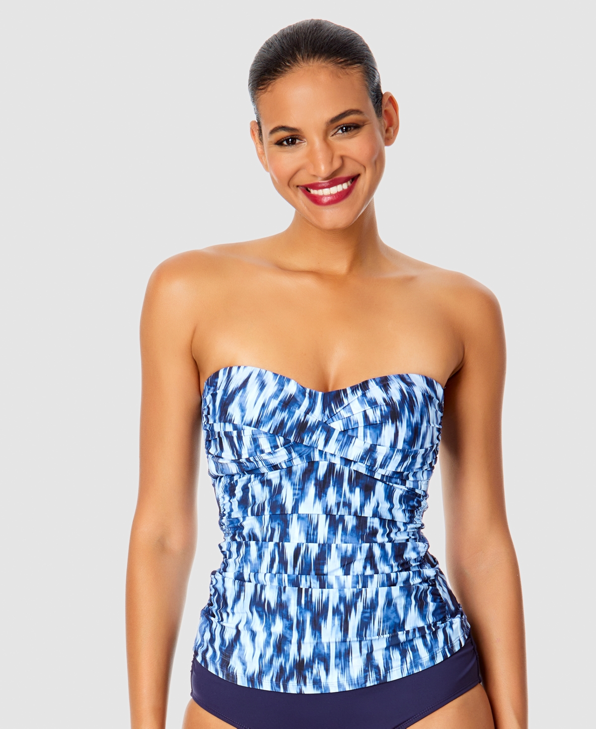 Shop Anne Cole Women's Twist-front Shirred Bandeau Tankini Top In Blue White